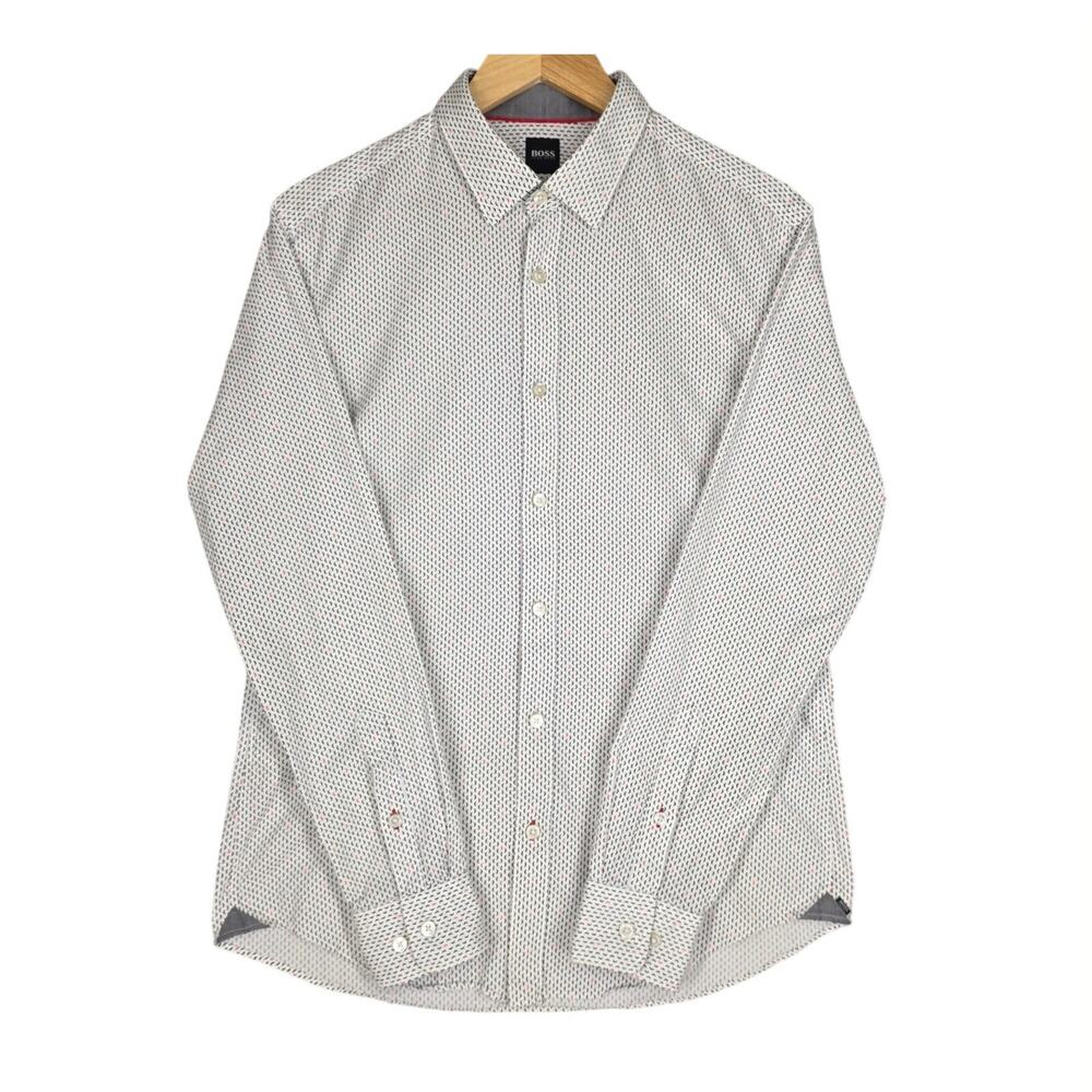 BOSS HUGO BOSS SLIM FIT BUTTON‑UP SHIRT – LIGHT GEOMETRIC PATTERN – SIZE LARGE